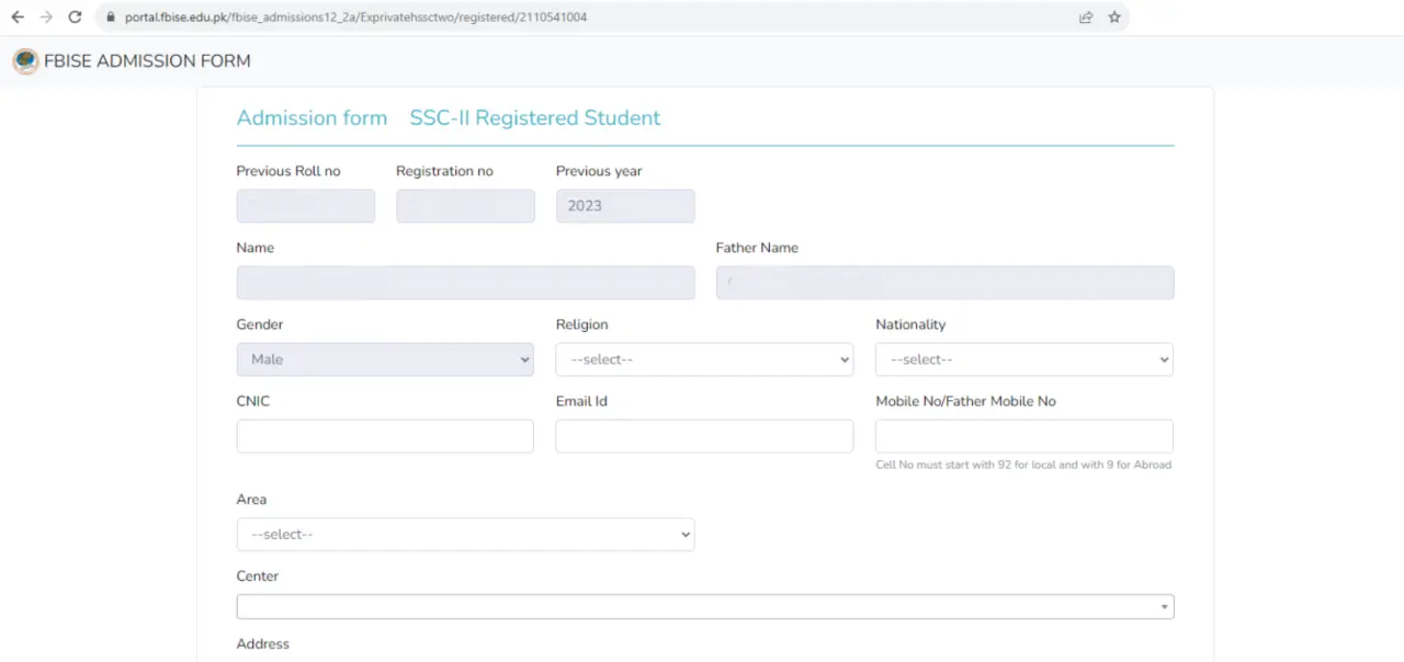 FBISE Online Admission form page