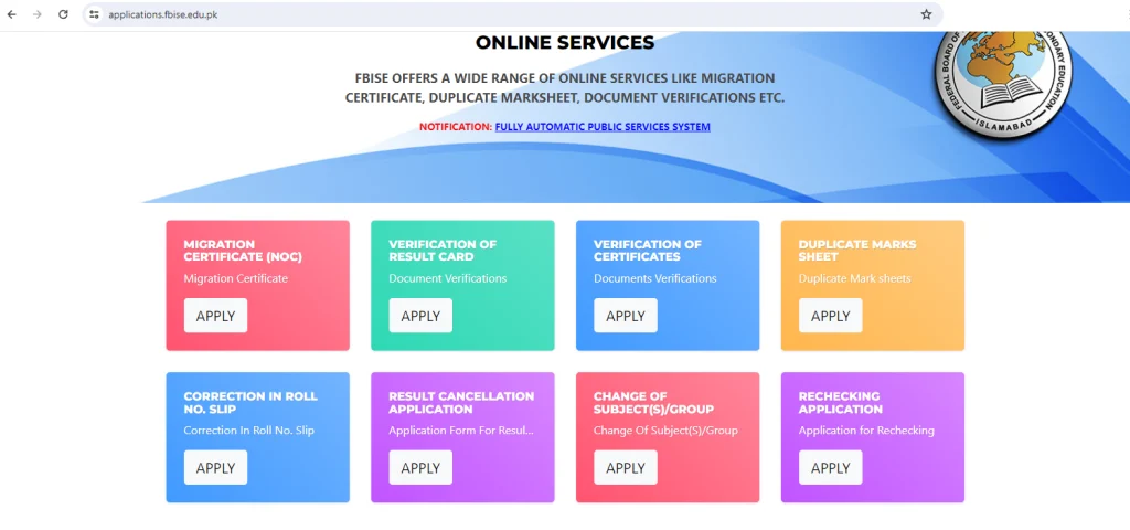 fbise online service new portal page