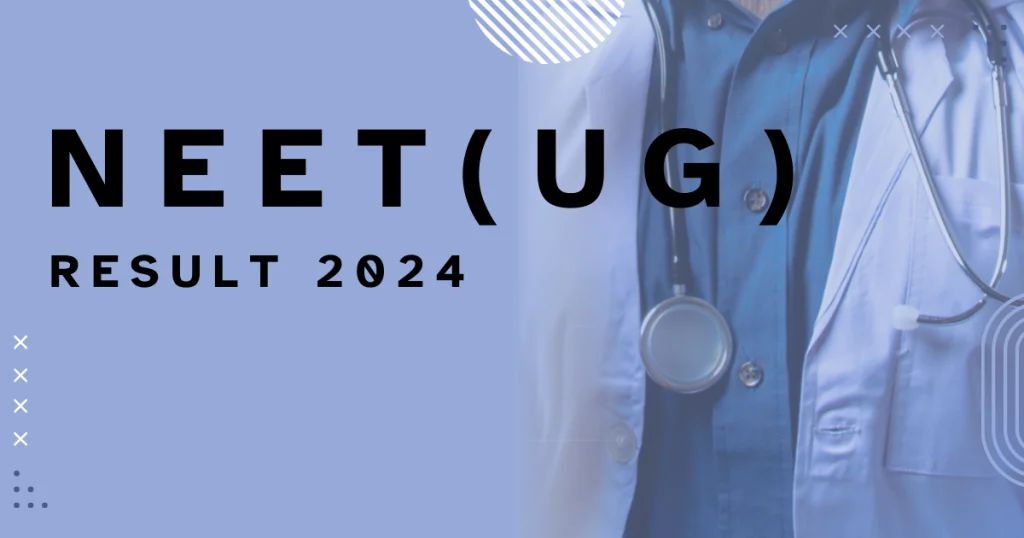 Neet result 2024 written in black on Blue background with Stethoscope and doctor coat