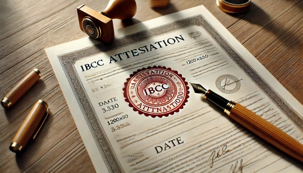 A page carrying ibcc attestation stamp on it in red color, with stamp, pen and pen caps on it