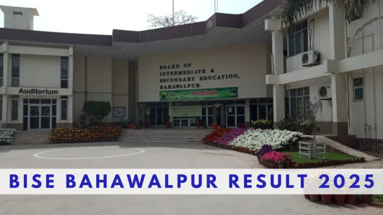 bahawalpur board building in background with flowers and bise bahawalpur result 2025 written in front in blue color