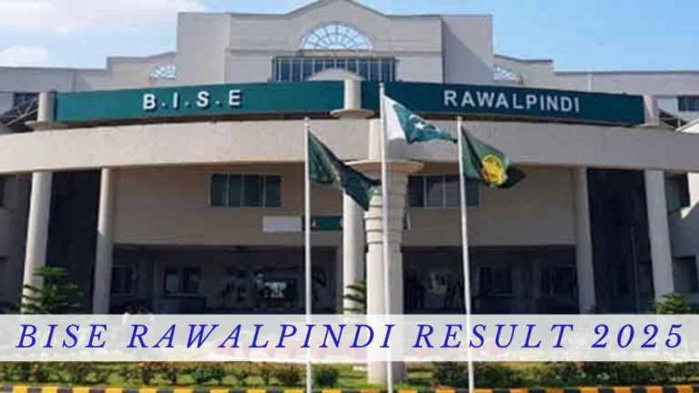 Rawalpinid Board building in background on front white ribbon with written bise rawalpindi result 2025