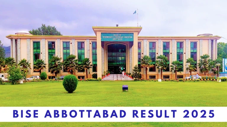 bise abbottabad board building in background with trees and green grass and bise abbottabad result 2025 written in blue color