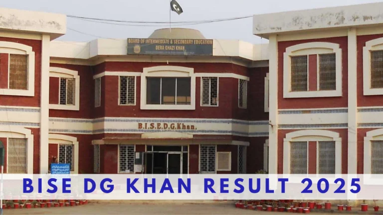 red and white dera ghazi khan board building in background with bise dg khan result 2025 written in blue color in front