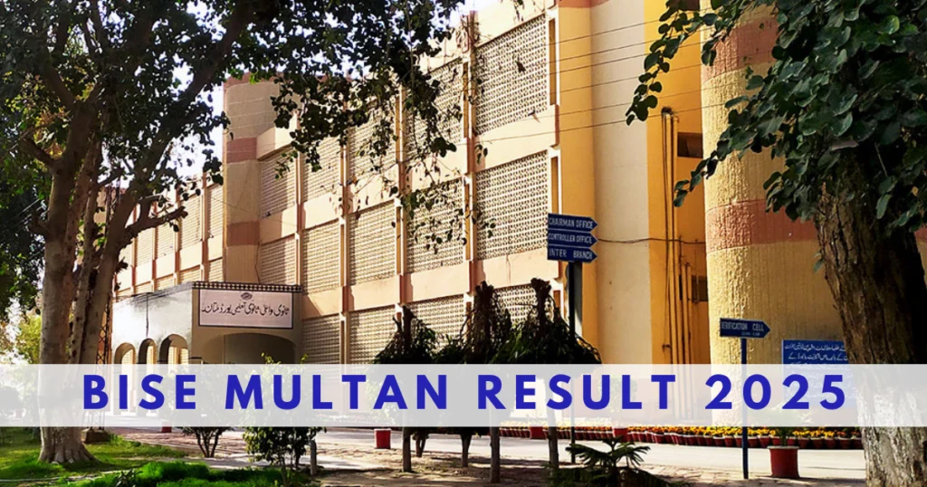 bise multan building in background and bise multan result 2025 written infront in blue color