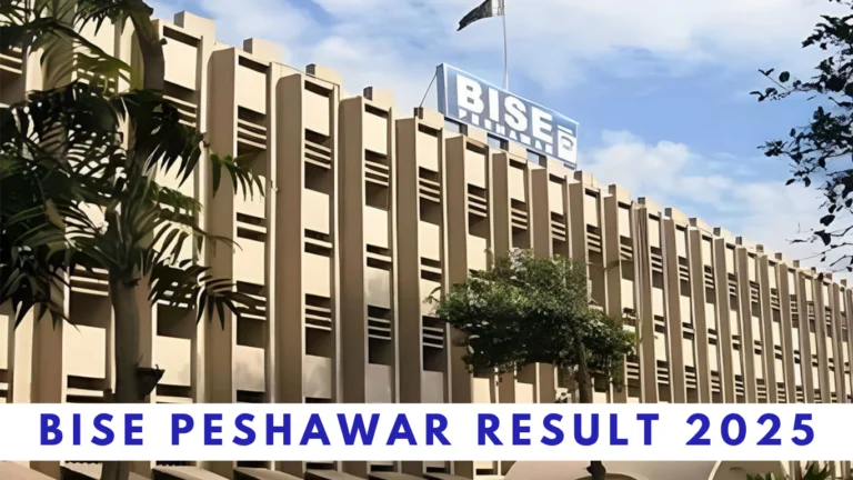 bise peshawar board building with trees in background with bise peshawar result 2025 written in-front in blue color