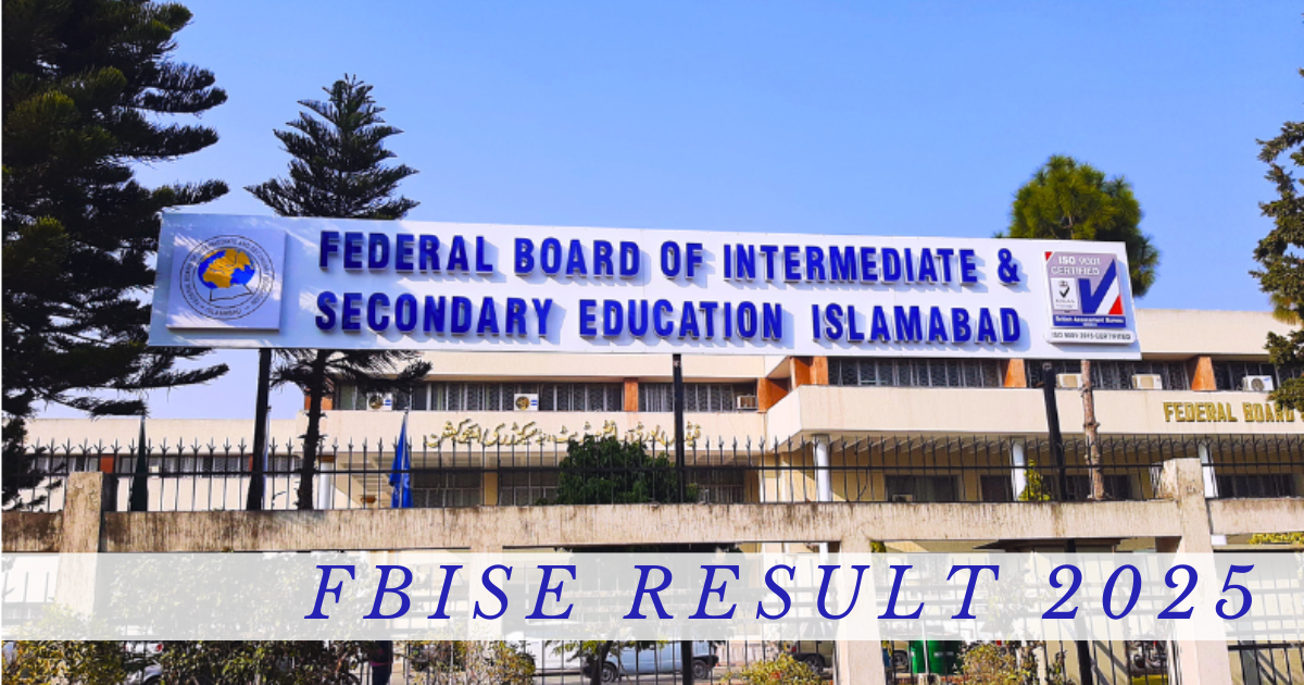 fbise result 2025 written on a picture of Federal Board building with trees in background